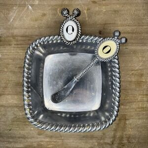 Metal Serving Dish  Mudpie Letter O Silver With Knife M Inital Plater Dish 2009